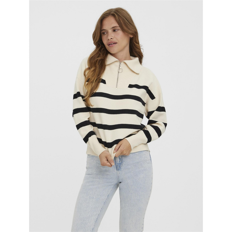 Pull rayé col zippé saba écru noir femme - Vero Moda