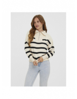 Pull rayé col zippé saba écru noir femme - Vero Moda