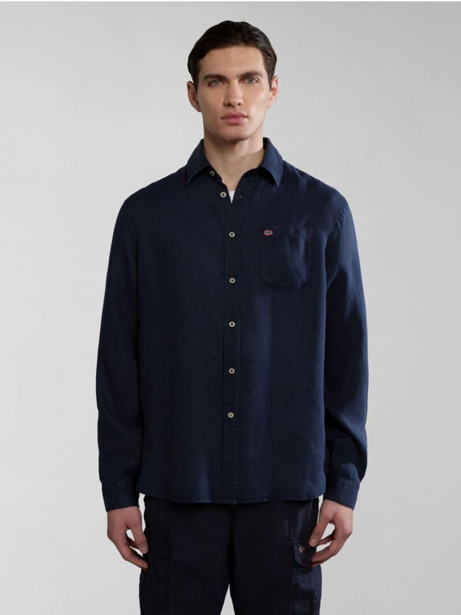 Chemise uni linen bleu marine homme - Napapijri