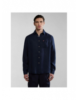 Chemise uni linen bleu marine homme - Napapijri