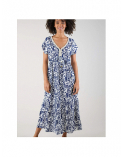 Robe longue imprimés izumi blanc bleu femme - Deeluxe