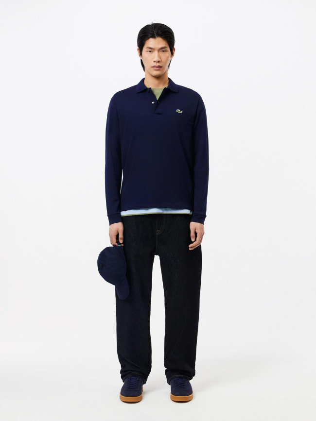 Polo uni manches longues bleu marine homme - Lacoste