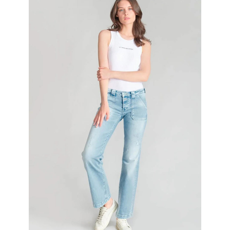 Jean flare ceinture fleurs bleu femme - Le Temps Des Cerises