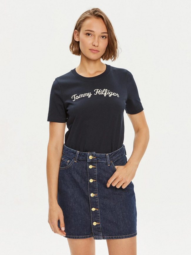 T-shirt reg script logo bleu marine femme - Tommy Hilfiger