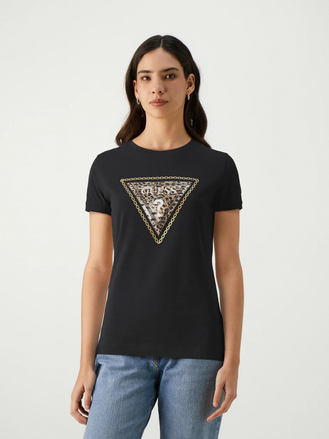 T-shirt logo triangle léopard noir femme - Guess