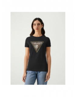 T-shirt logo triangle léopard noir femme - Guess