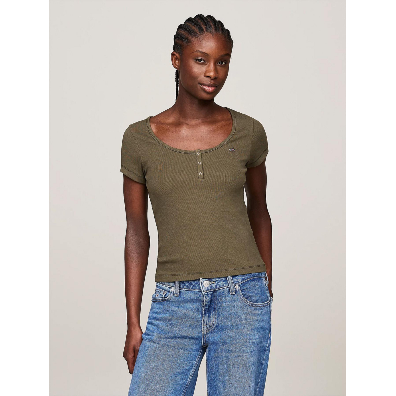 T-shirt slim henley kaki femme - Tommy Jeans