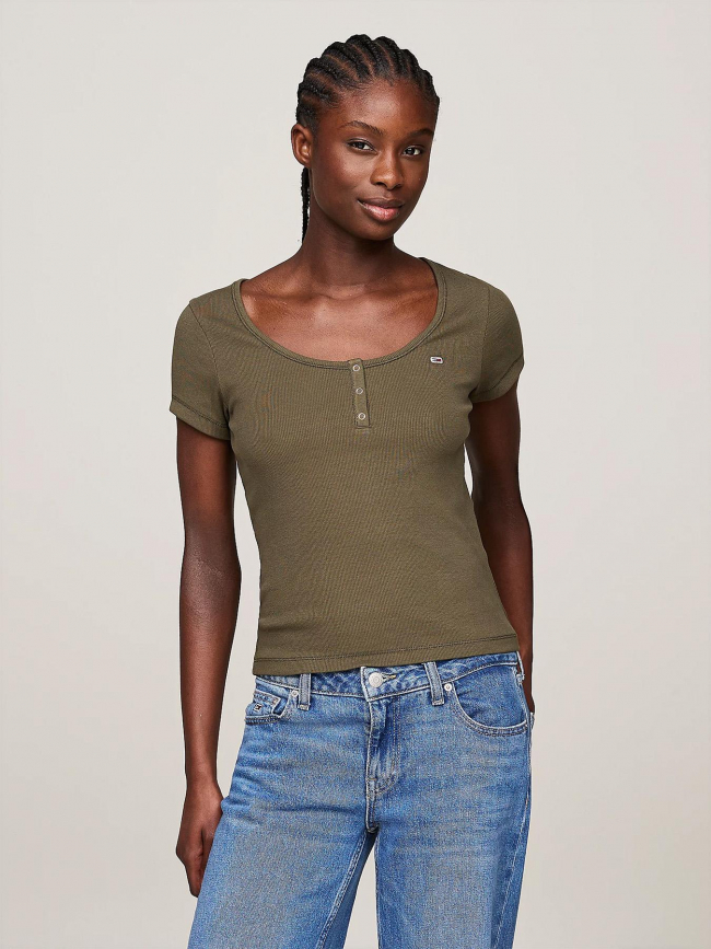 T-shirt slim henley kaki femme - Tommy Jeans