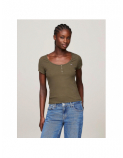 T-shirt slim henley kaki femme - Tommy Jeans