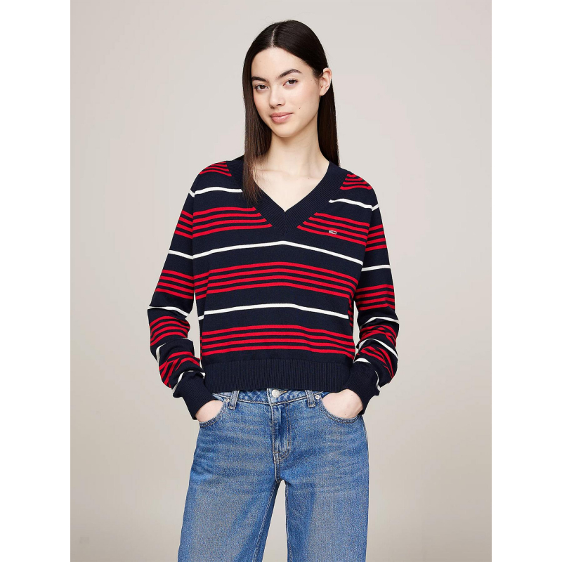 Pull col v rayé bleu marine rouge femme - Tommy Jeans