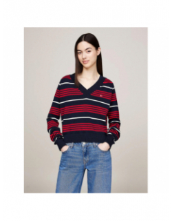 Pull col v rayé bleu marine rouge femme - Tommy Jeans