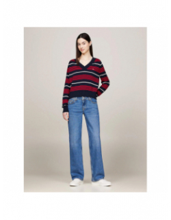 Pull col v rayé bleu marine rouge femme - Tommy Jeans