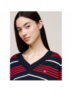 Pull col v rayé bleu marine rouge femme - Tommy Jeans