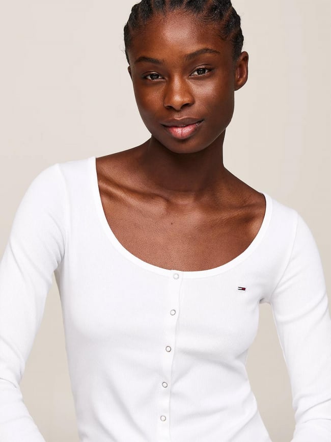 Top manches longues slim bouton blanc femme - Tommy Jeans