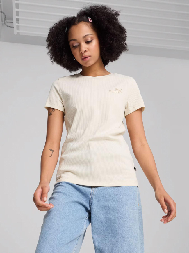 T-shirt côtelé uni logo beige femme - Puma