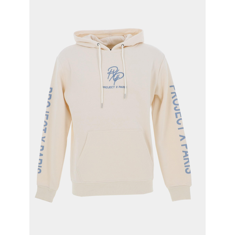 Sweat à capuche double logo brodé beige bleu homme - Project X Paris