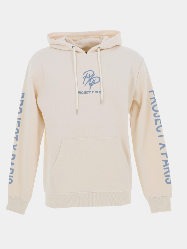 Sweat à capuche double logo brodé beige bleu homme - Project X Paris