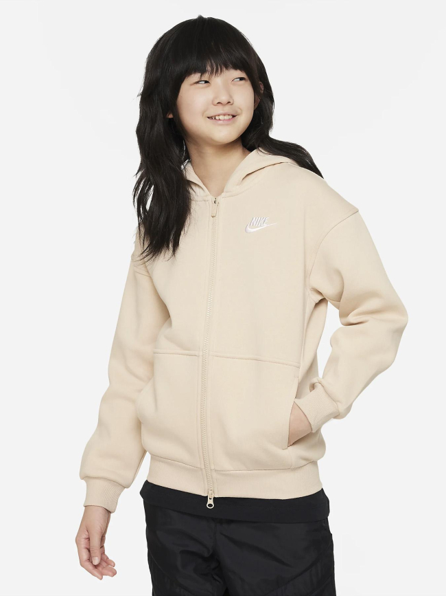 Sweat à capuche zippé fleece oversized beige fille - Nike