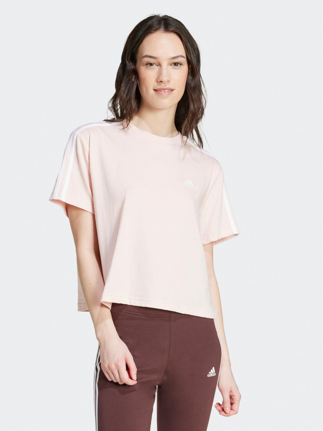 T-shirt crop 3 bandes rose femme - Adidas