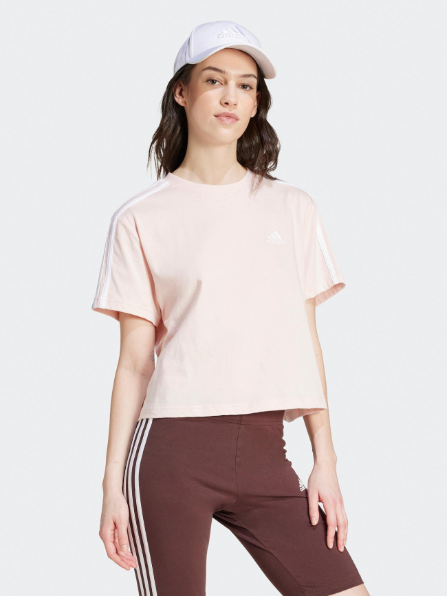 T-shirt crop 3 bandes rose femme - Adidas