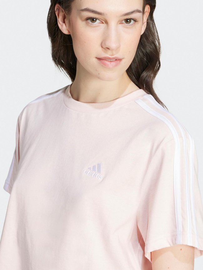 T-shirt crop 3 bandes rose femme - Adidas