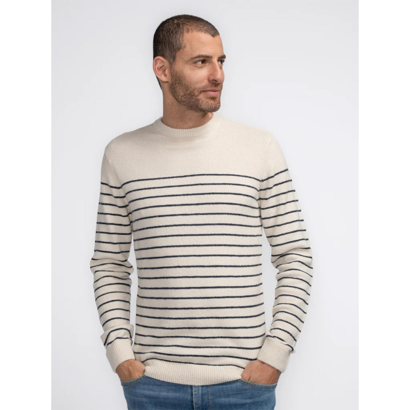 Pull col rond rayé bleu beige homme - Petrol Industries