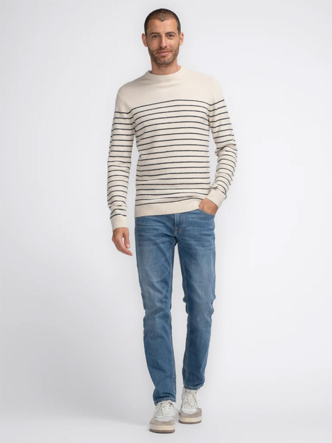 Pull col rond rayé bleu beige homme - Petrol Industries