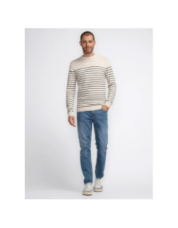 Pull col rond rayé bleu beige homme - Petrol Industries