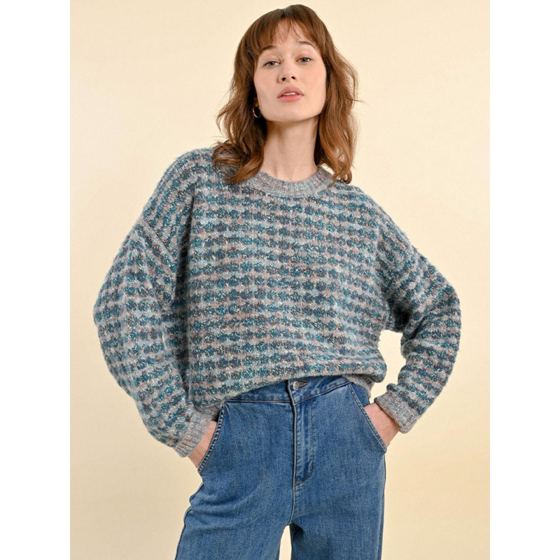 Pull grosse maille effet carreaux bleu femme - Molly Bracken