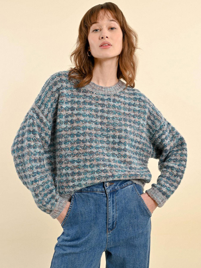 Pull grosse maille effet carreaux bleu femme - Molly Bracken