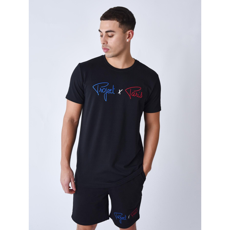 T-shirt logo bleu blanc rouge brodé noir homme - Project X Paris