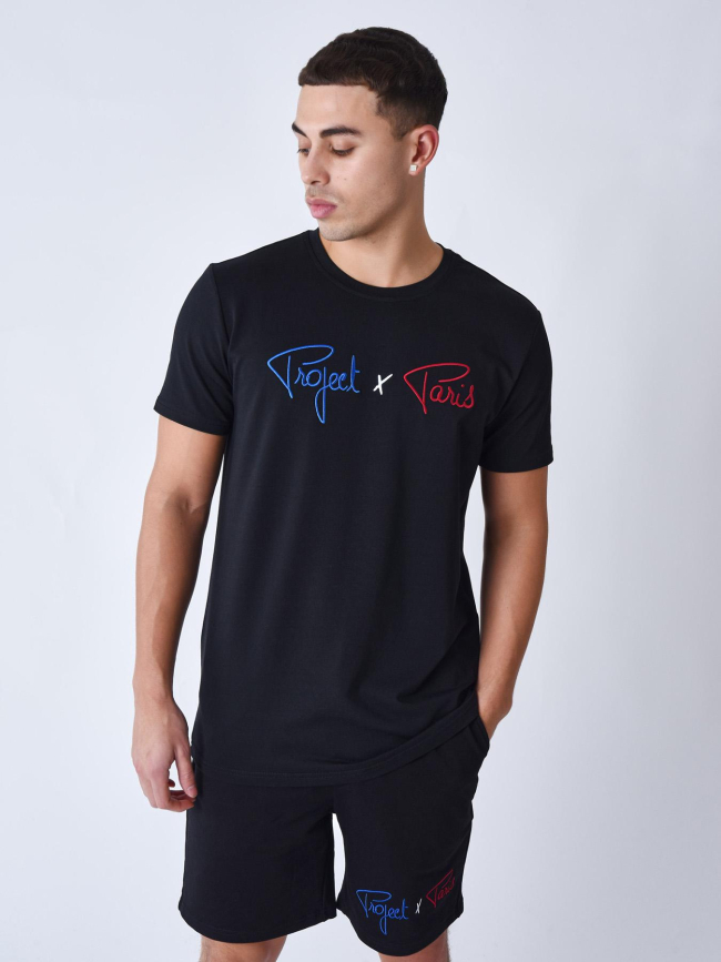 T-shirt logo bleu blanc rouge brodé noir homme - Project X Paris