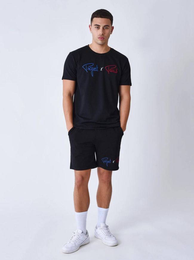 T-shirt logo bleu blanc rouge brodé noir homme - Project X Paris