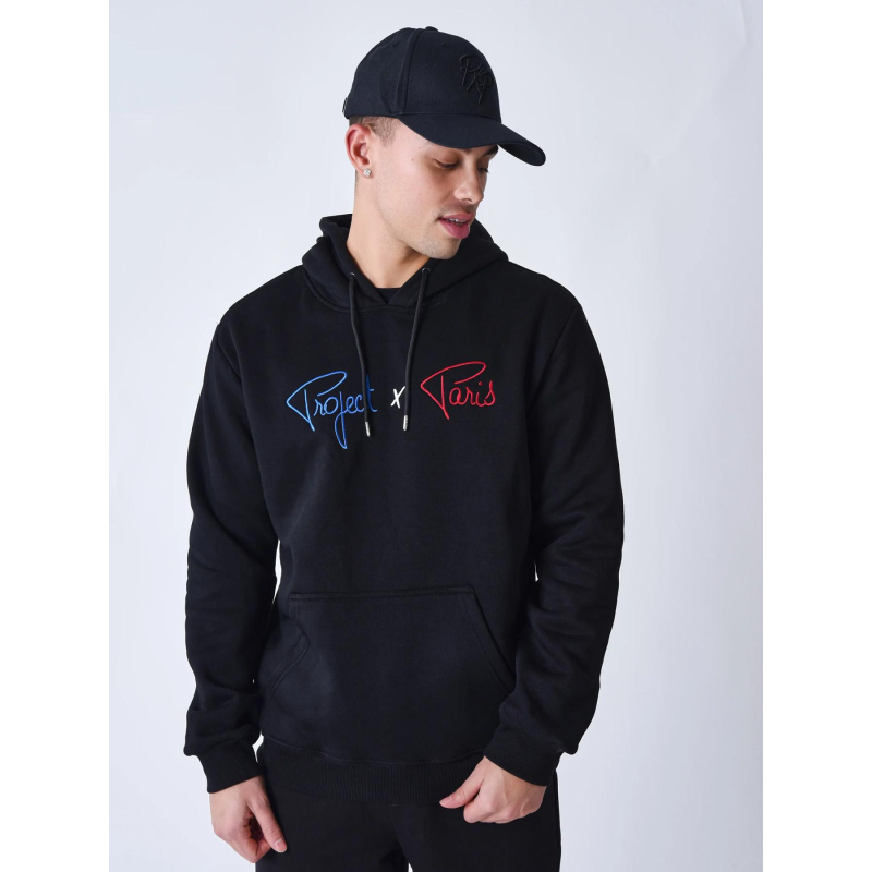 Sweat à capuche logo bleu blanc rouge brodé noir homme - Project X Paris