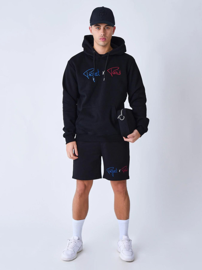 Sweat à capuche logo bleu blanc rouge brodé noir homme - Project X Paris