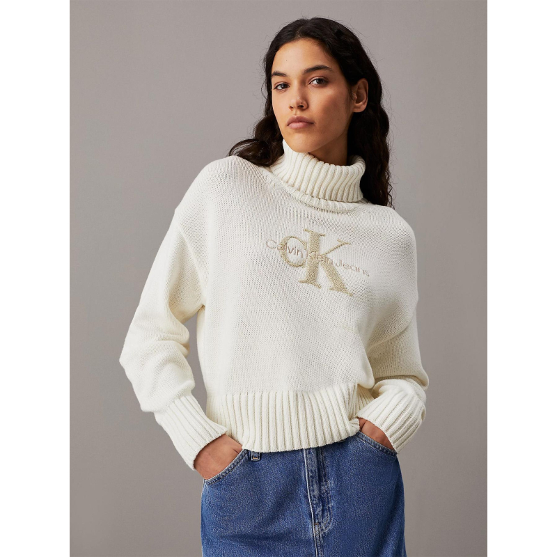 Pull crop col roulé chenille monologo blanc femme - Calvin Klein Jeans