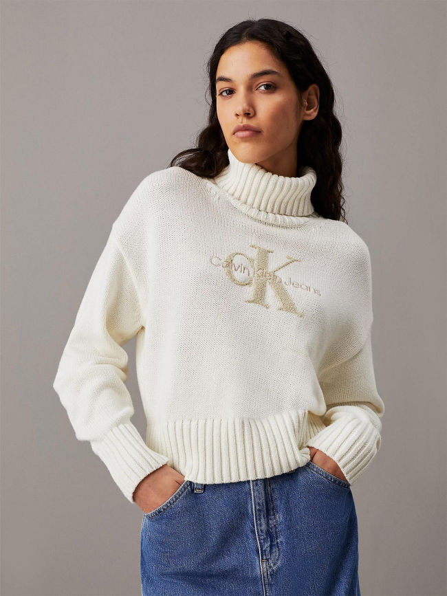 Pull crop col roulé chenille monologo blanc femme - Calvin Klein Jeans