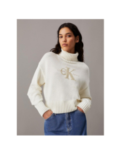 Pull crop col roulé chenille monologo blanc femme - Calvin Klein Jeans