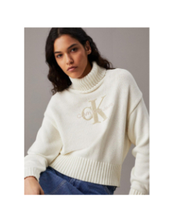 Pull crop col roulé chenille monologo blanc femme - Calvin Klein Jeans