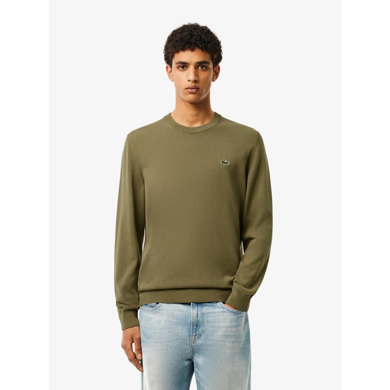 Pull en coton uni col rond kaki homme - Lacoste