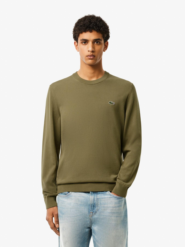 Pull en coton uni col rond kaki homme - Lacoste