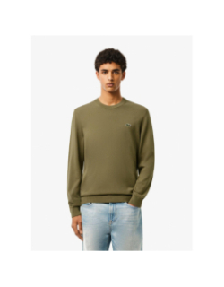 Pull en coton uni col rond kaki homme - Lacoste