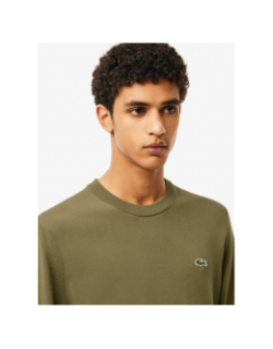 Pull en coton uni col rond kaki homme - Lacoste