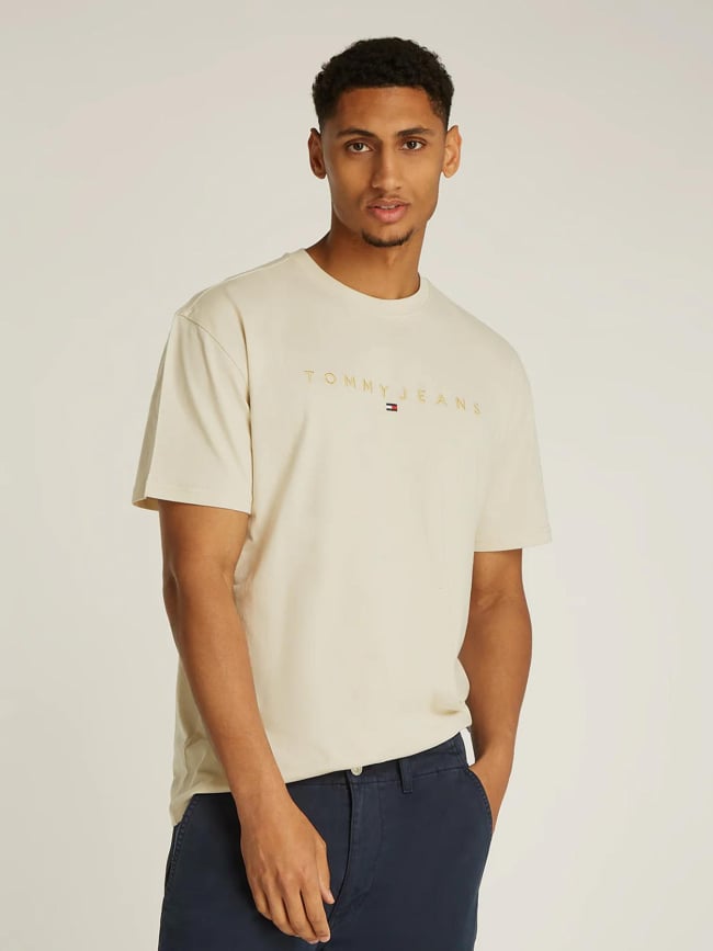 T-shirt manches courtes logo doré brodé beige homme - Tommy Jeans