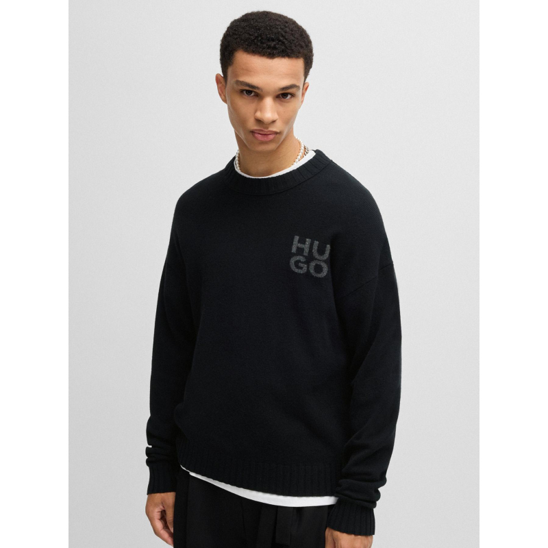 Pull en laine vierge mélangé chiné avec logo noir homme - Hugo