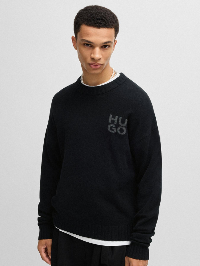 Pull en laine vierge mélangé chiné avec logo noir homme - Hugo