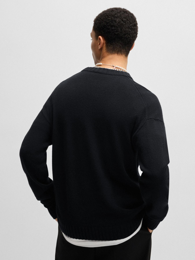 Pull en laine vierge mélangé chiné avec logo noir homme - Hugo