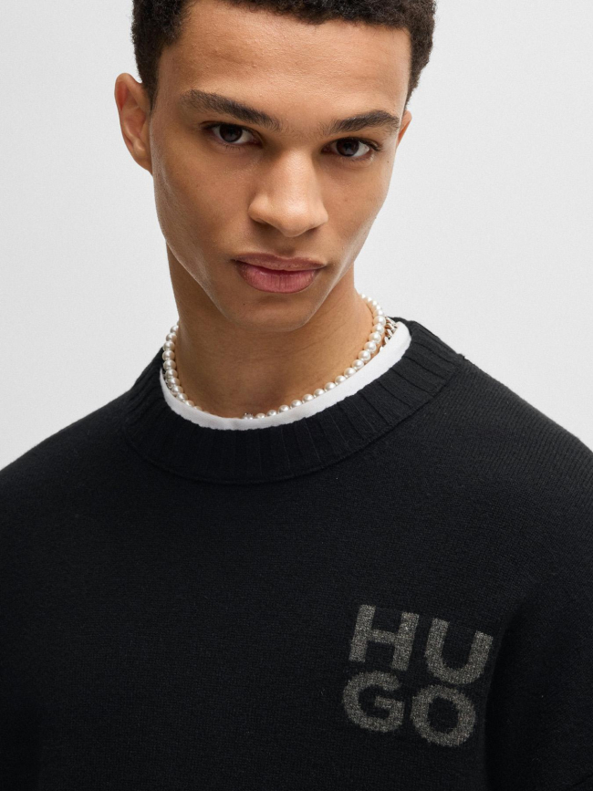 Pull en laine vierge mélangé chiné avec logo noir homme - Hugo