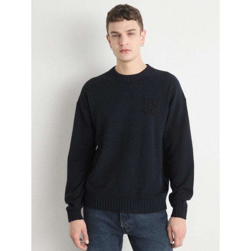 Pull en laine vierge mélangé chiné avec logo bleu homme - Hugo