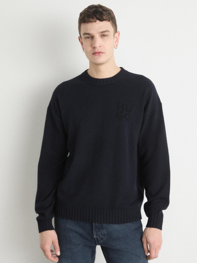 Pull en laine vierge mélangé chiné avec logo bleu homme - Hugo